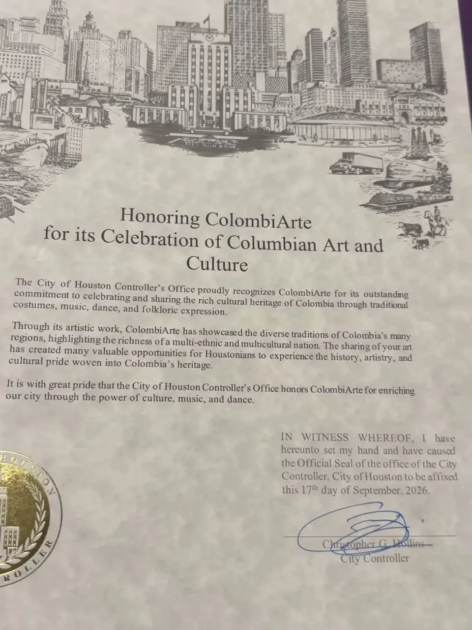 Certificado de la Oficina del Contralor de la Ciudad de Houston que honra a ColombiArte, fechado el 17 de septiembre de 2026